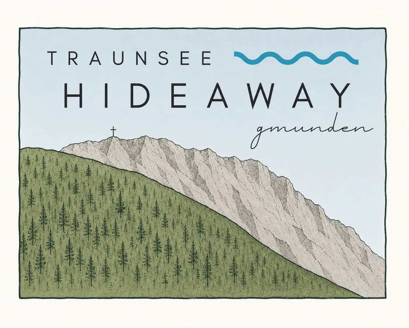 Gezeichnetes Logo: Traunsee Hideaway Gmunden, mit bewaldetem Hang und der Felswand des Traunsteins